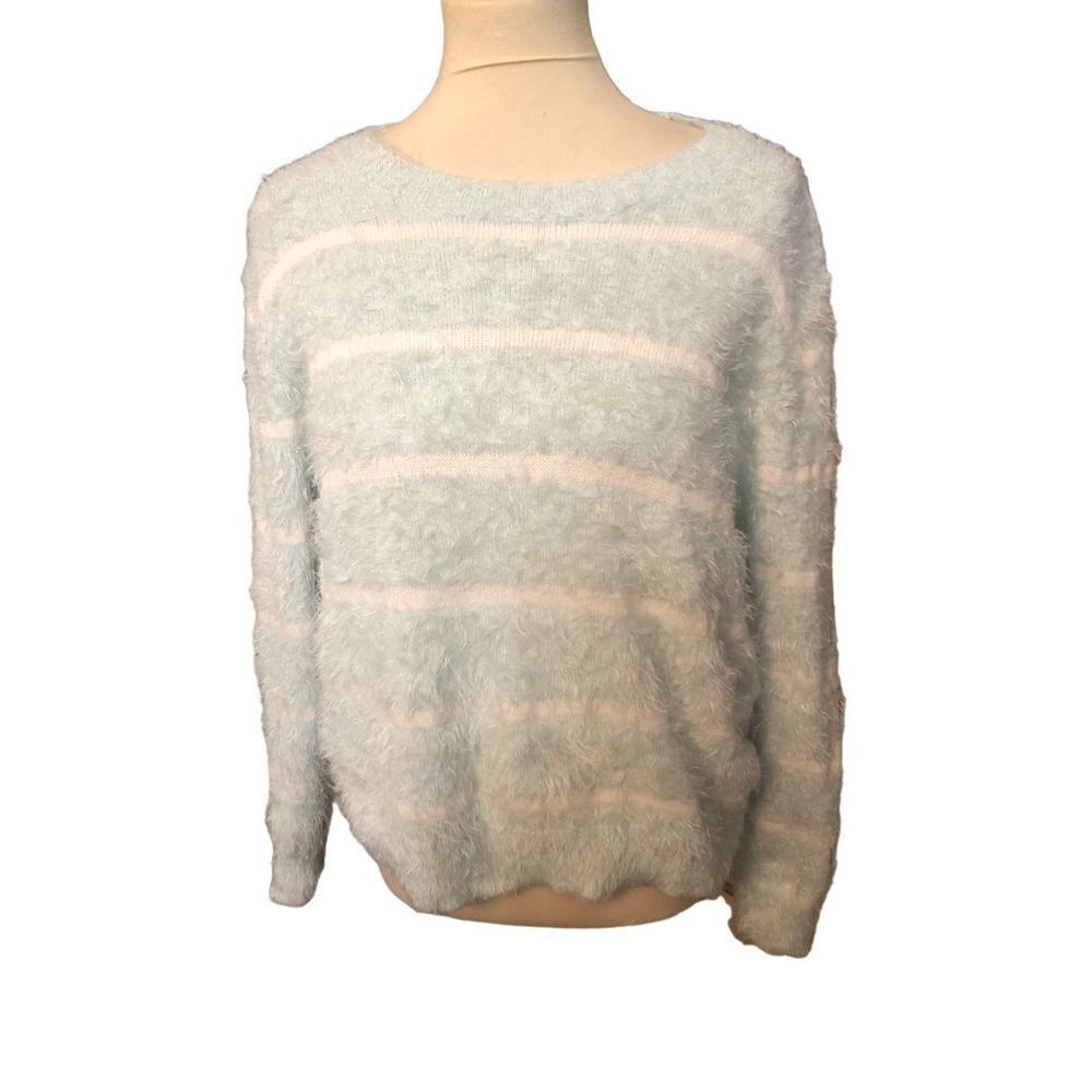 CeCe eyelash light blue/green and white striped long sleeve sweater Size L